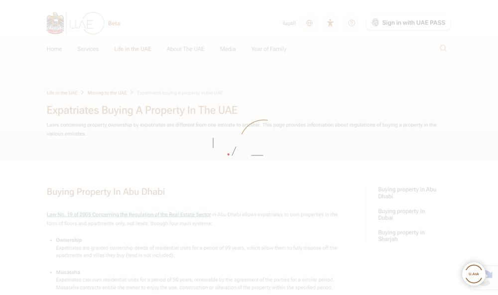 UAE政府ポータルの外国人による不動産取得を説明するページの表示