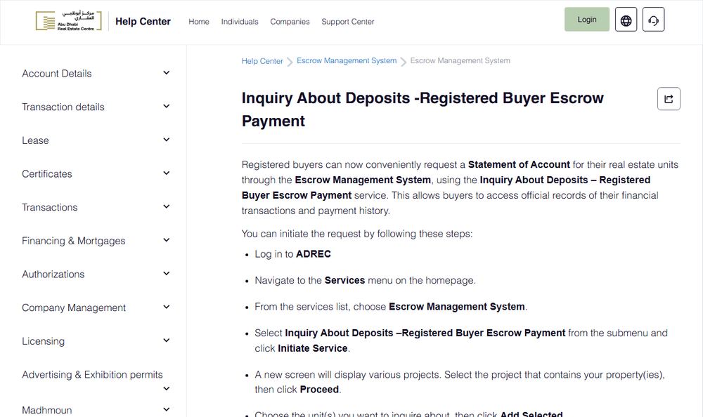 ADRECのDARIサポートに掲載された、登録された買主がエスクロー口座への入金について取引明細を請求する手続きの案内ページの表示