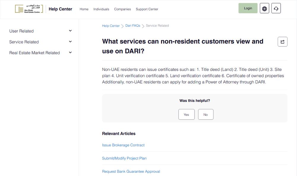 ADRECのDARIサポートに掲載された、UAEに居住していない利用者がDARIで閲覧・利用できるサービスを説明するページの表示