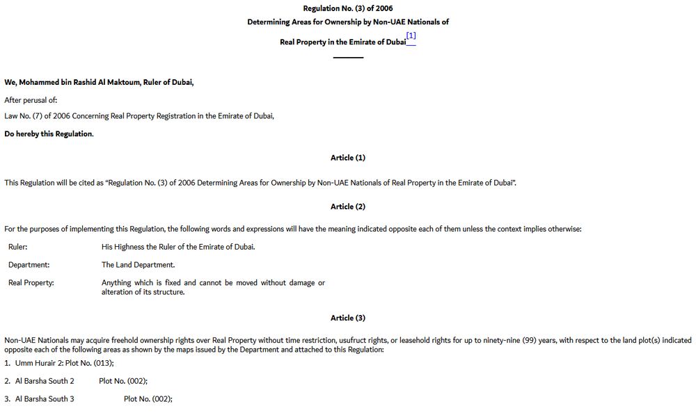 Dubai Legislation Portalに掲載されたRegulation No. (3) of 2006の公式法令画面