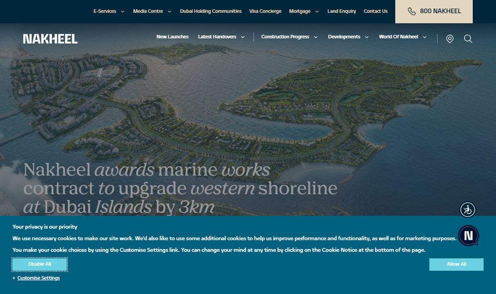 Nakheelの、Island Bの西岸をおよそ3キロメートル改修する海洋工事の発注を伝えるプレスリリースページの表示