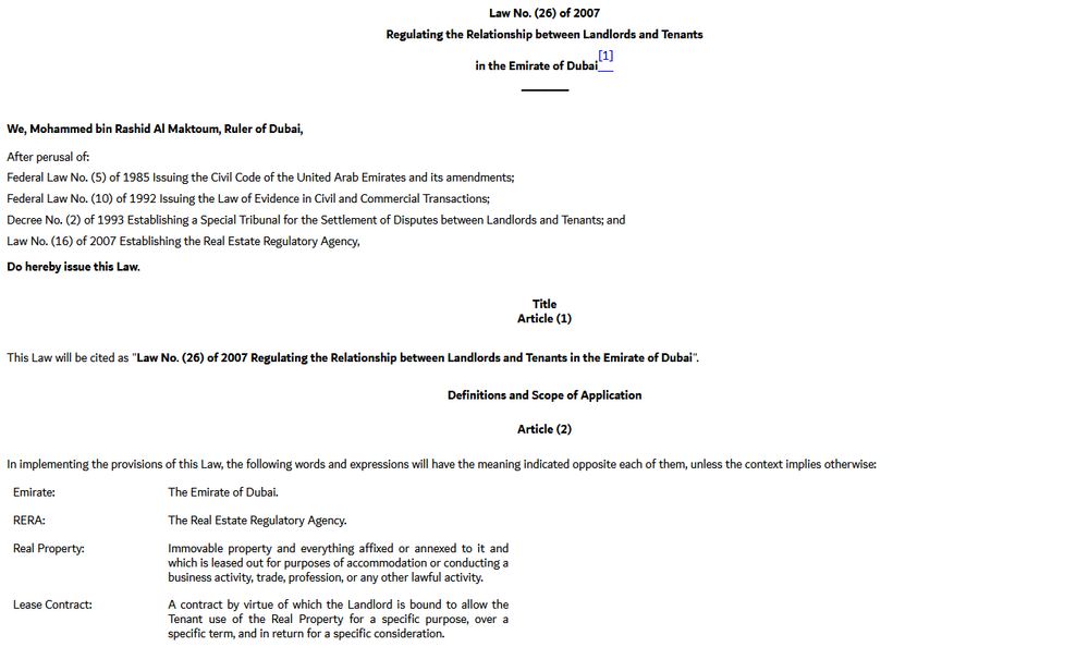 Dubai Legislation Portalに掲載されたLaw No. 26 of 2007の公式法令画面