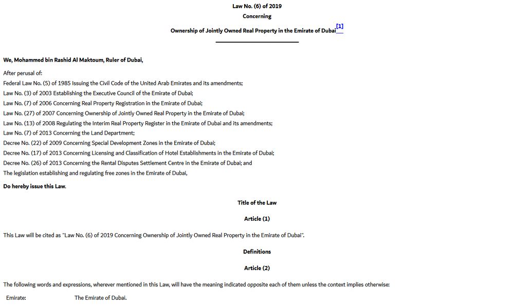 Dubai Legislation Portalに掲載されたLaw No. 6 of 2019の公式法令画面