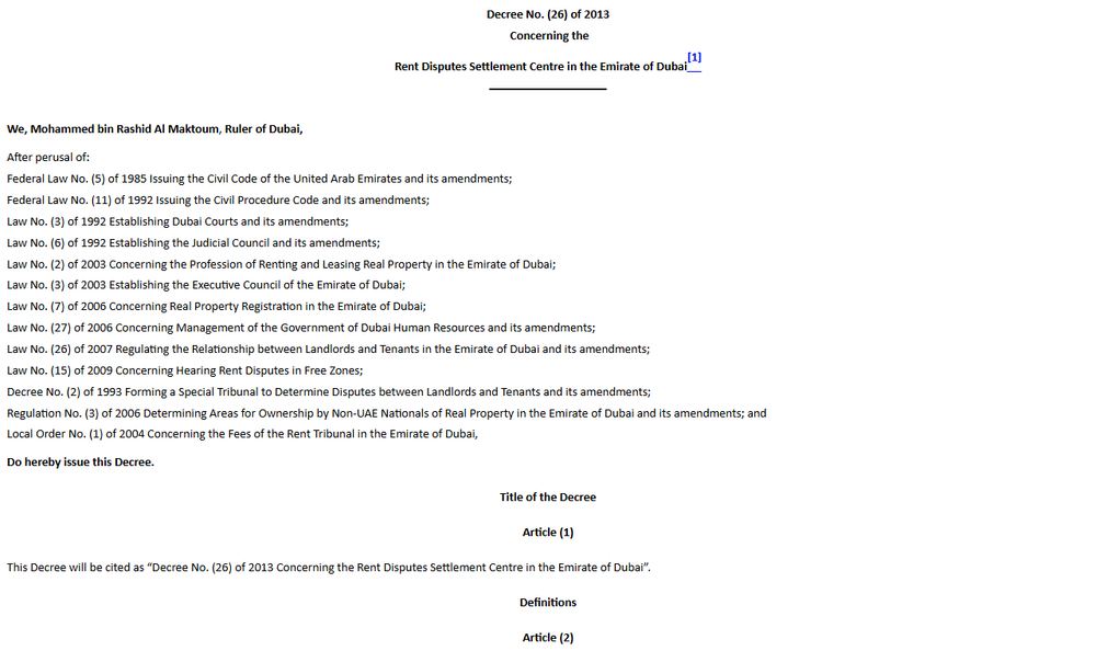 Dubai Legislation Portalに掲載されたDecree No. 26 of 2013の公式法令画面