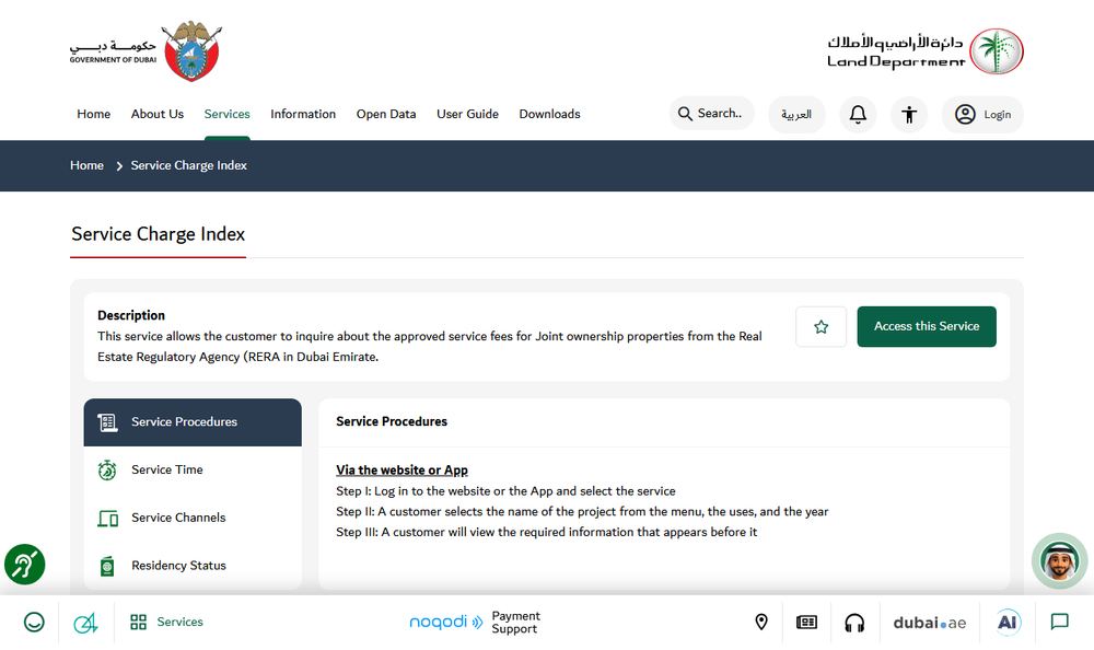Dubai Land DepartmentのService Charge Index案内ページの表示
